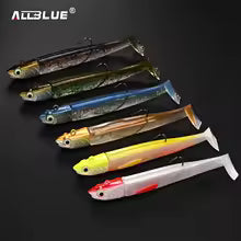 ALLBLUE Vinilo Sea Bass 85 mm — 2 cabezas plomadas + 4 vinilos