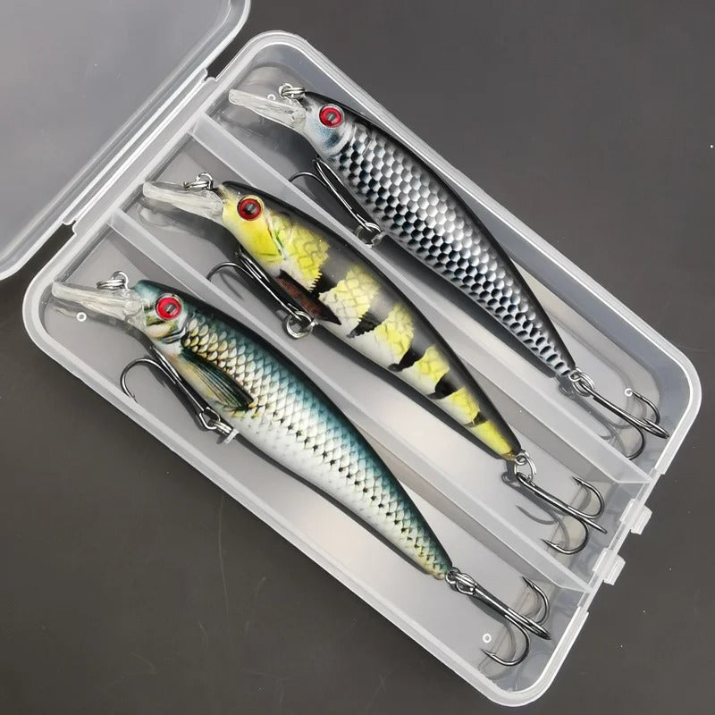 Señuelos minnow 13,8 cm en su caja organizadora