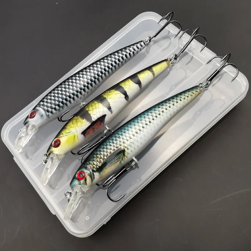 Detalle de los tres colores del pack de señuelos minnow