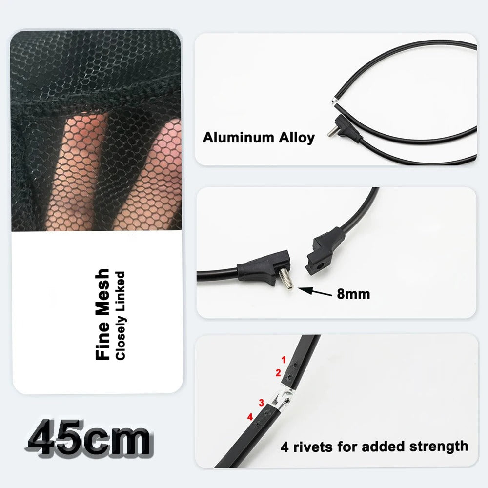 Malla fina, aro de aluminio y rosca de 8 mm